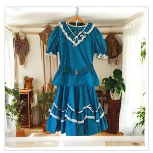 VTG MalcoMode Blue&White Prairie PolkaDot Tier Ruffle Blouse-Skirt Set SzS RARE!